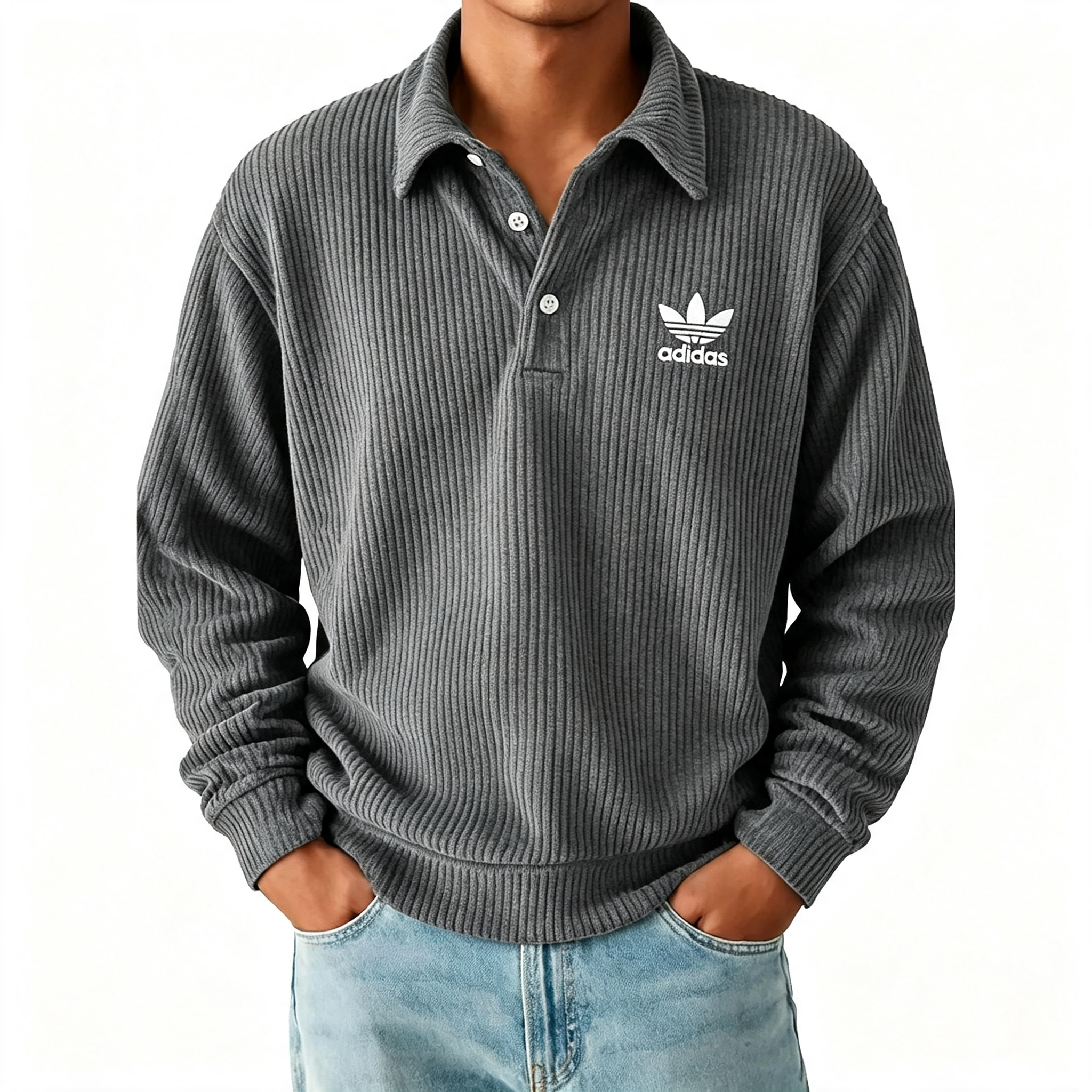 Men's Ribbed Long Sleeve Polo Sweatshirt, Classic Trefoil Logo Casual Pullover