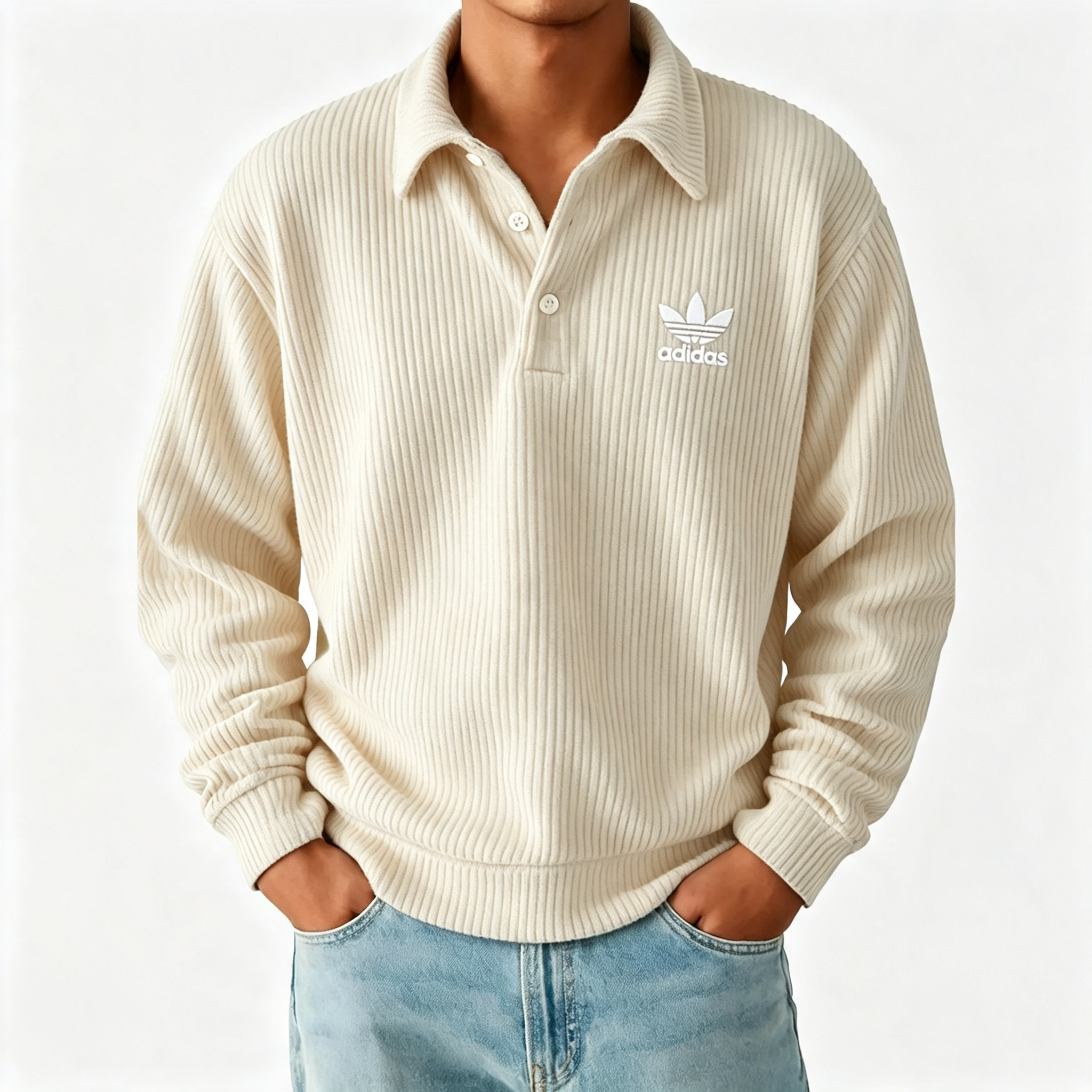 Men's Ribbed Long Sleeve Polo Sweatshirt, Classic Trefoil Logo Casual Pullover