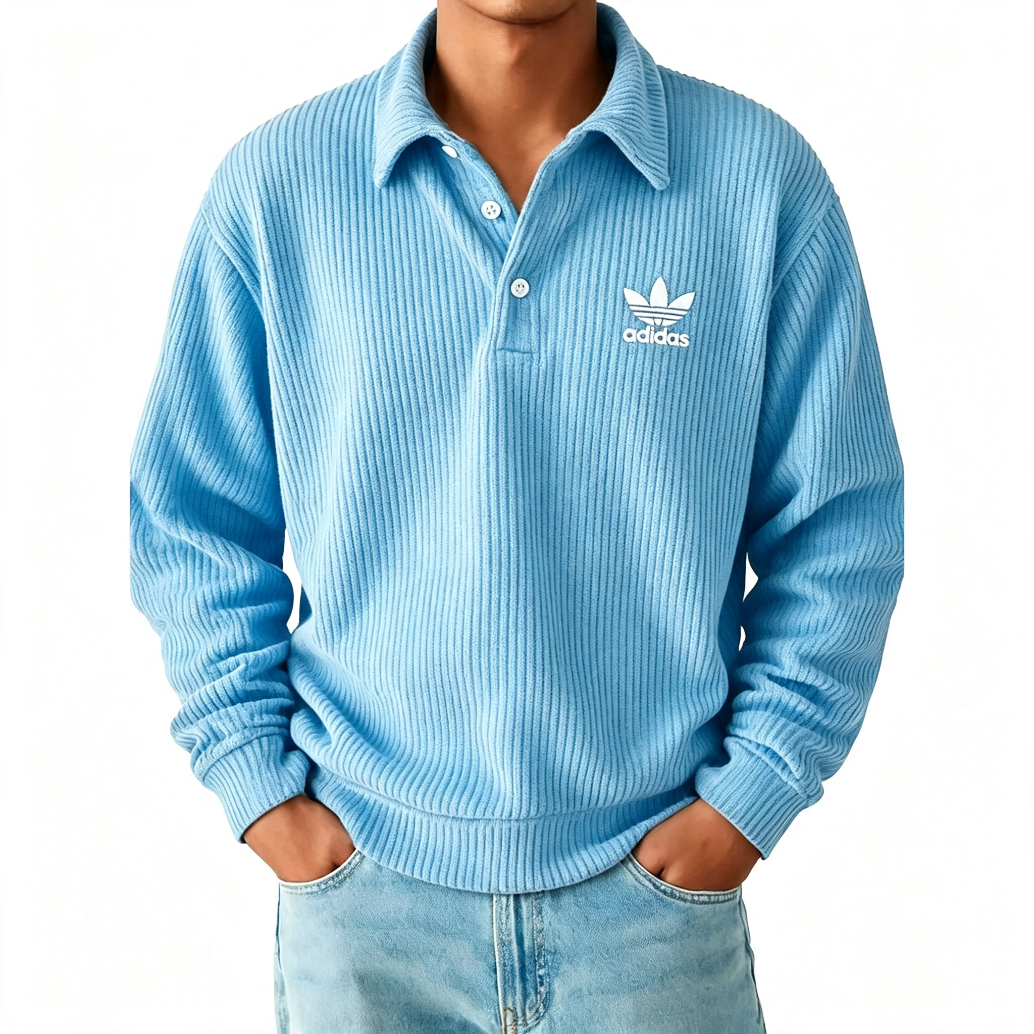 Men's Ribbed Long Sleeve Polo Sweatshirt, Classic Trefoil Logo Casual Pullover