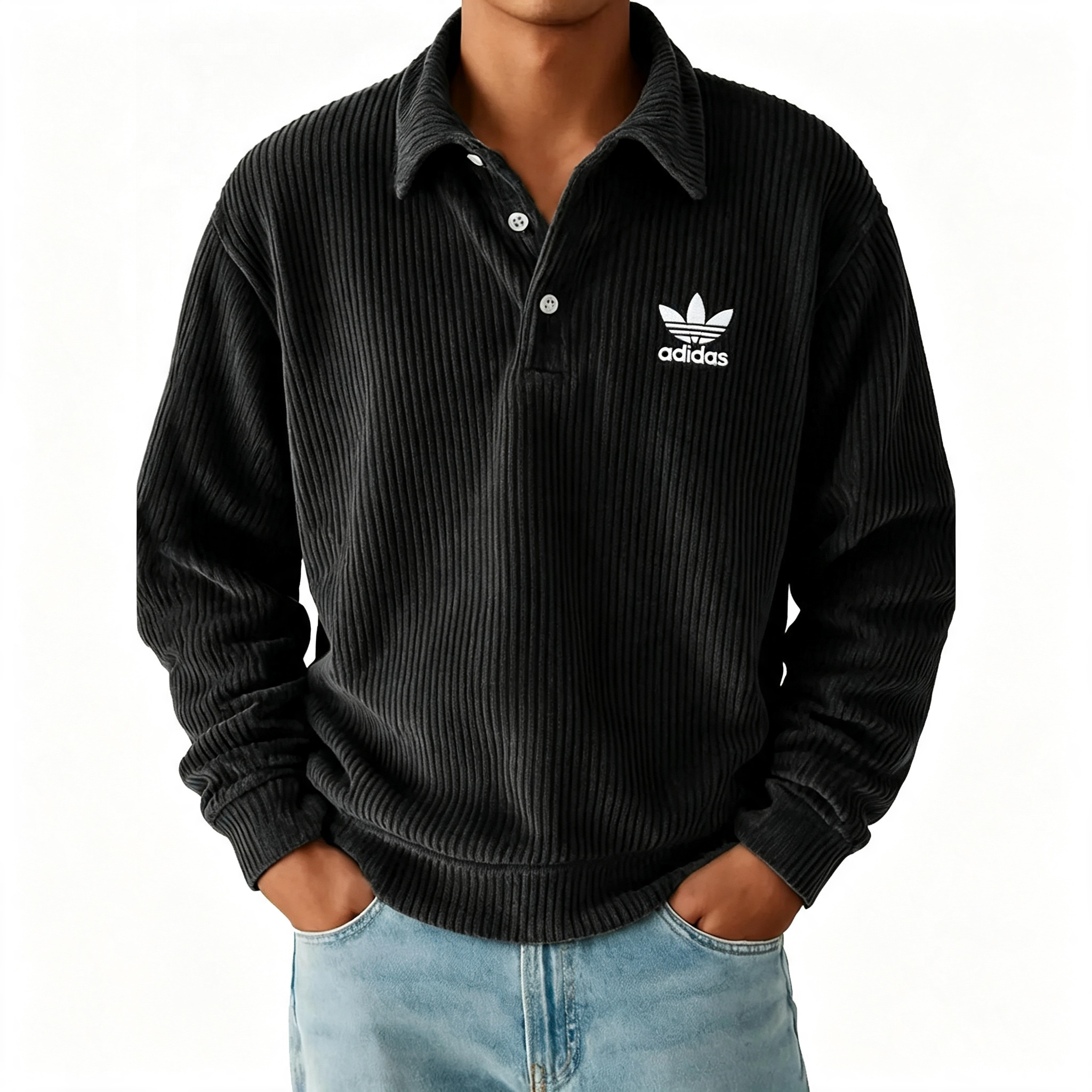 Men's Ribbed Long Sleeve Polo Sweatshirt, Classic Trefoil Logo Casual Pullover