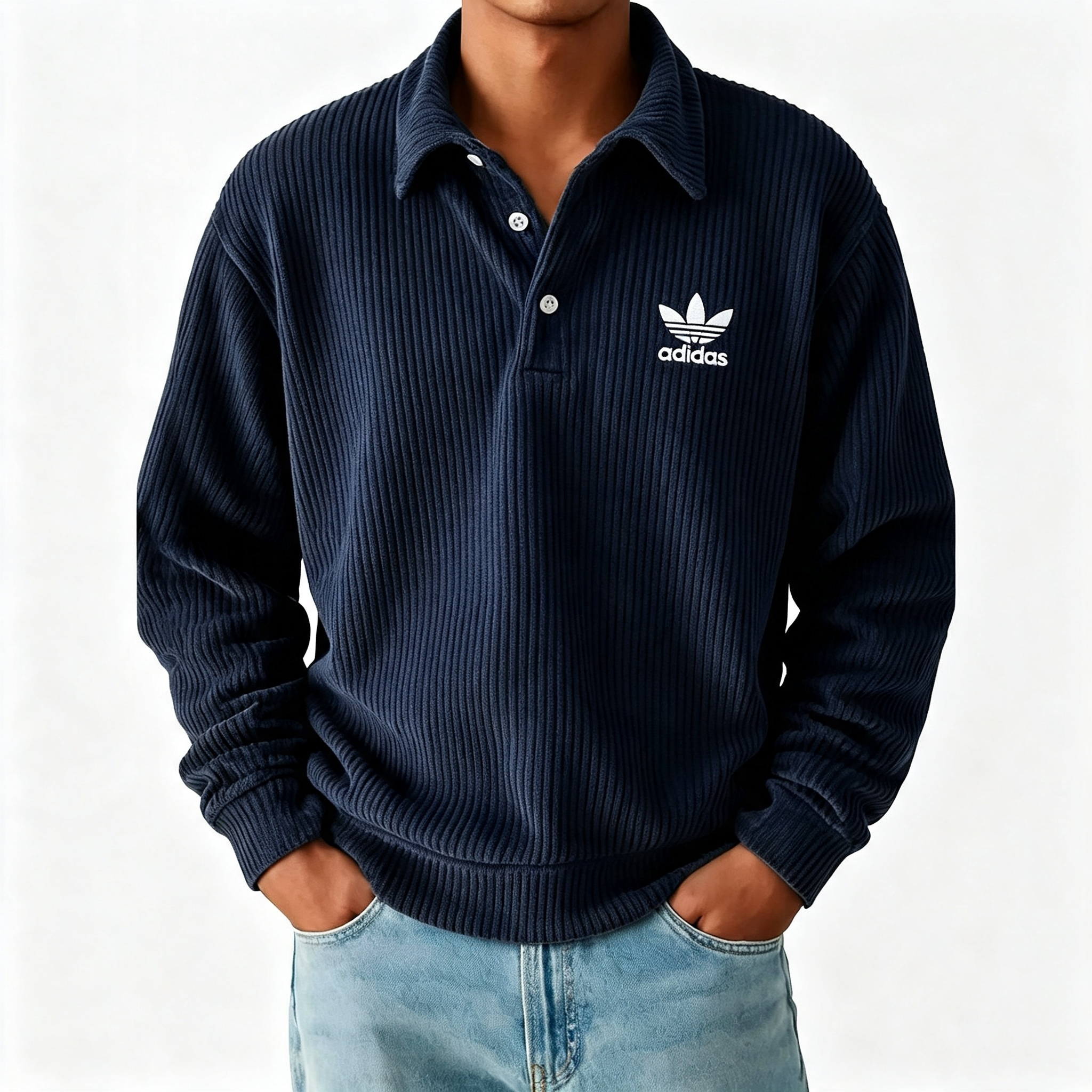 Men's Ribbed Long Sleeve Polo Sweatshirt, Classic Trefoil Logo Casual Pullover