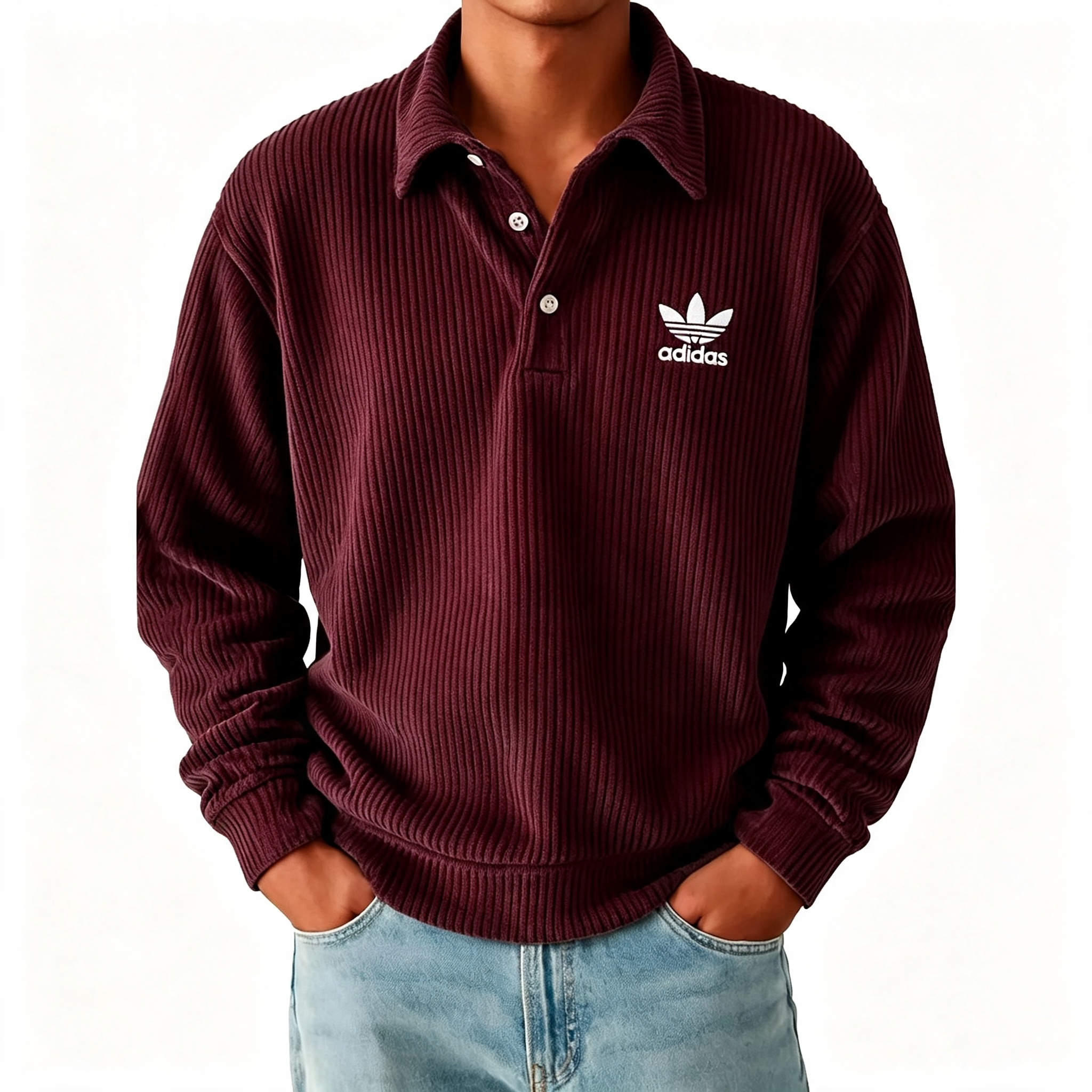 Men's Ribbed Long Sleeve Polo Sweatshirt, Classic Trefoil Logo Casual Pullover