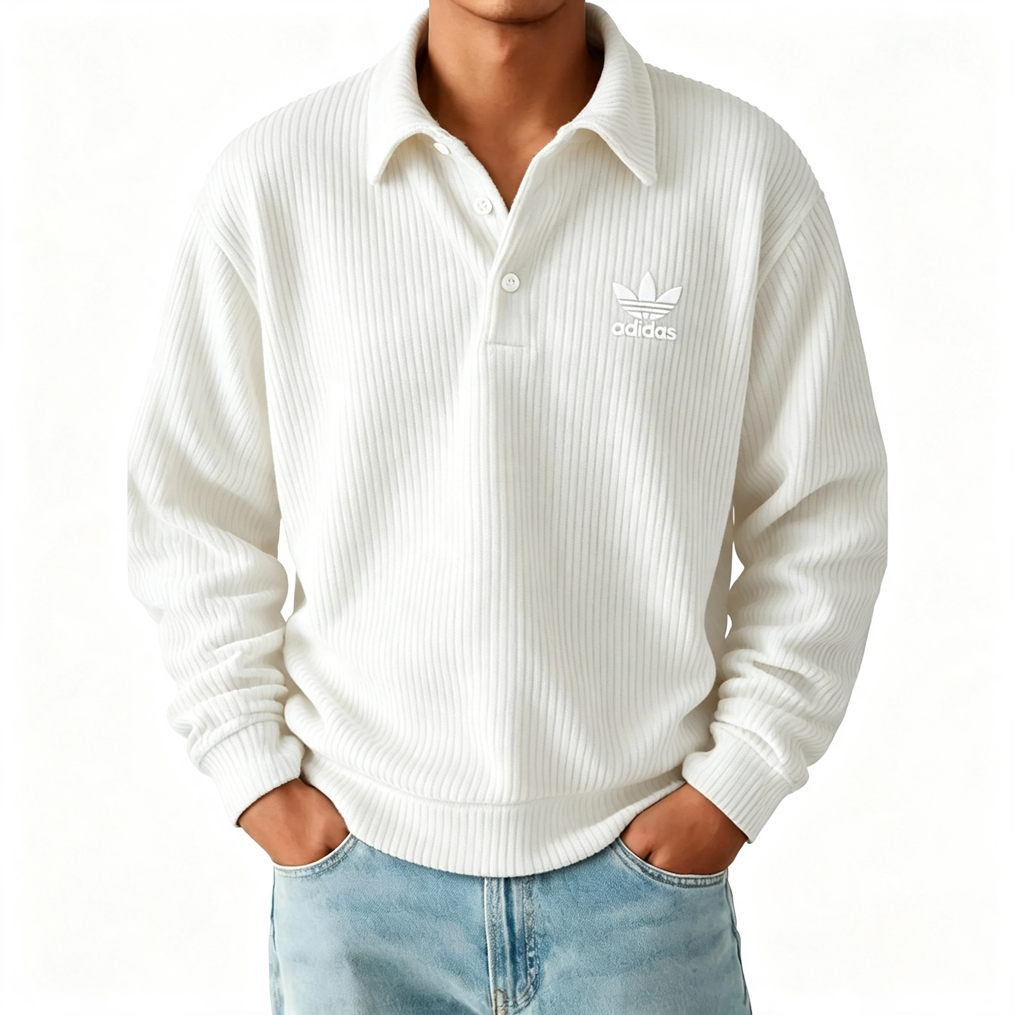 Men's Ribbed Long Sleeve Polo Sweatshirt, Classic Trefoil Logo Casual Pullover