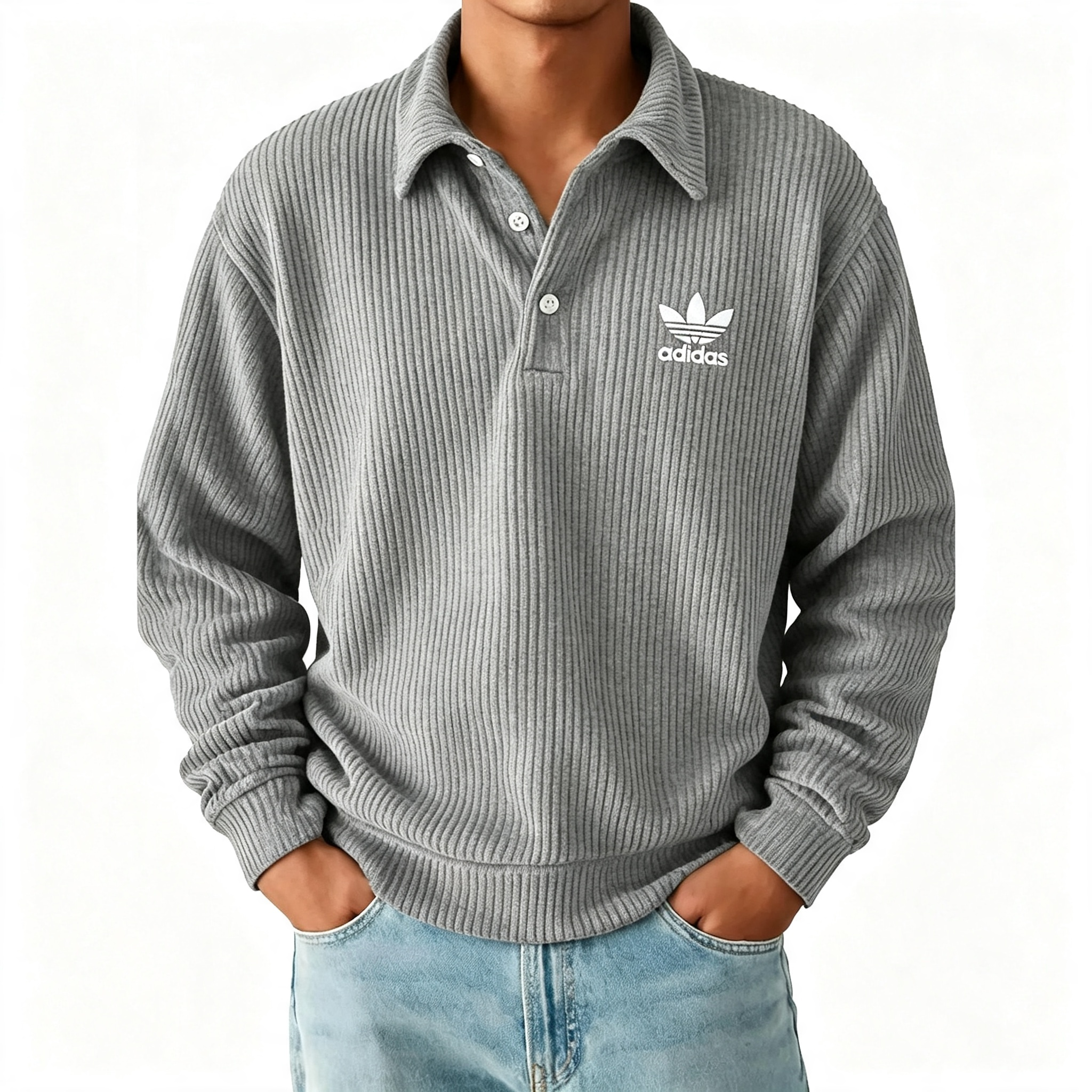 Men's Ribbed Long Sleeve Polo Sweatshirt, Classic Trefoil Logo Casual Pullover