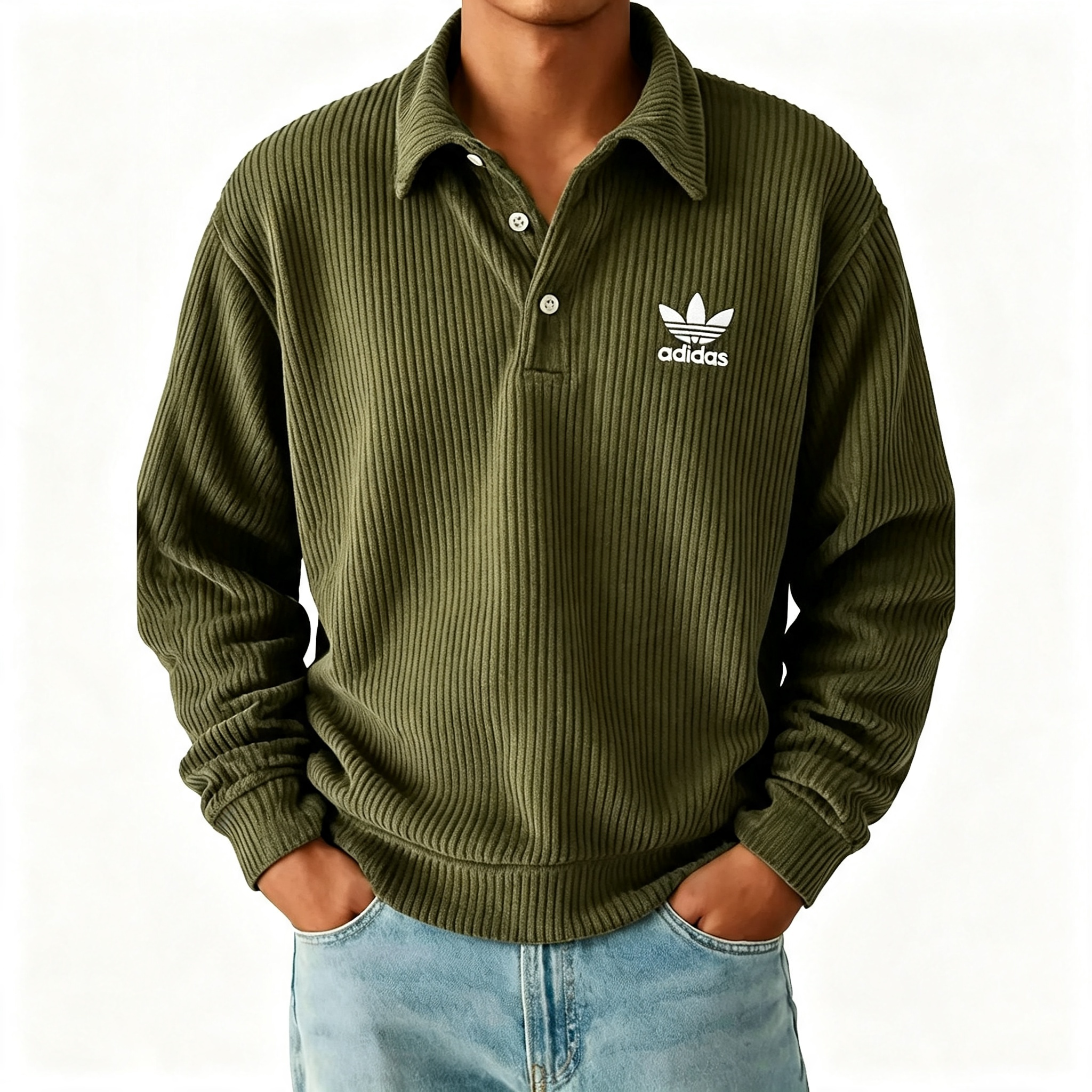 Men's Ribbed Long Sleeve Polo Sweatshirt, Classic Trefoil Logo Casual Pullover