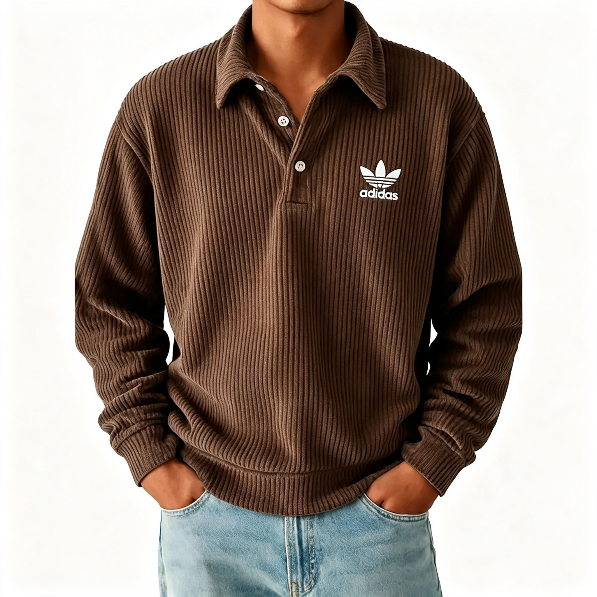 Men's Ribbed Long Sleeve Polo Sweatshirt, Classic Trefoil Logo Casual Pullover