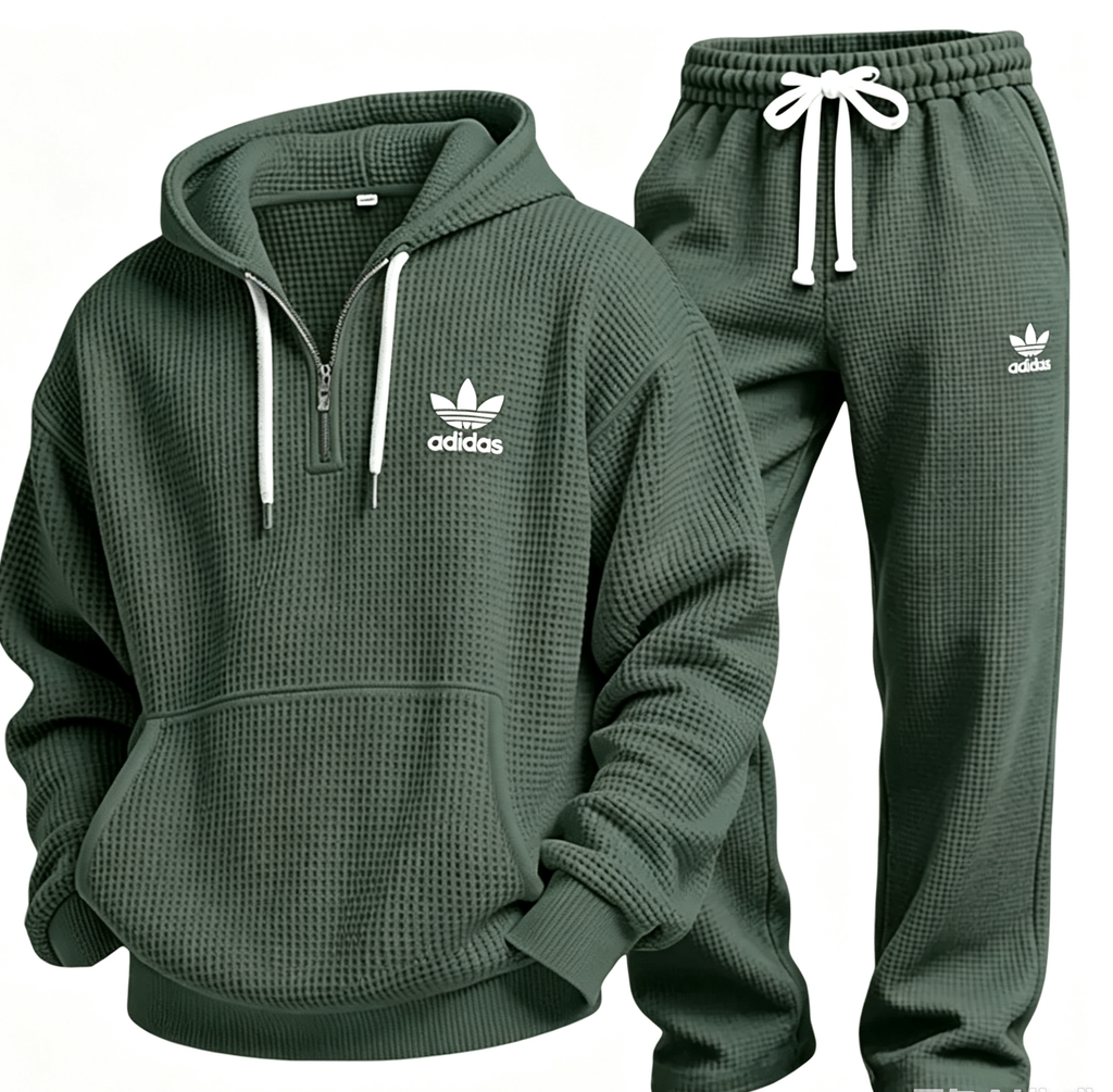 Men’s Waffle Textured Hooded Sweatshirt & Wide‑Leg Pants Set