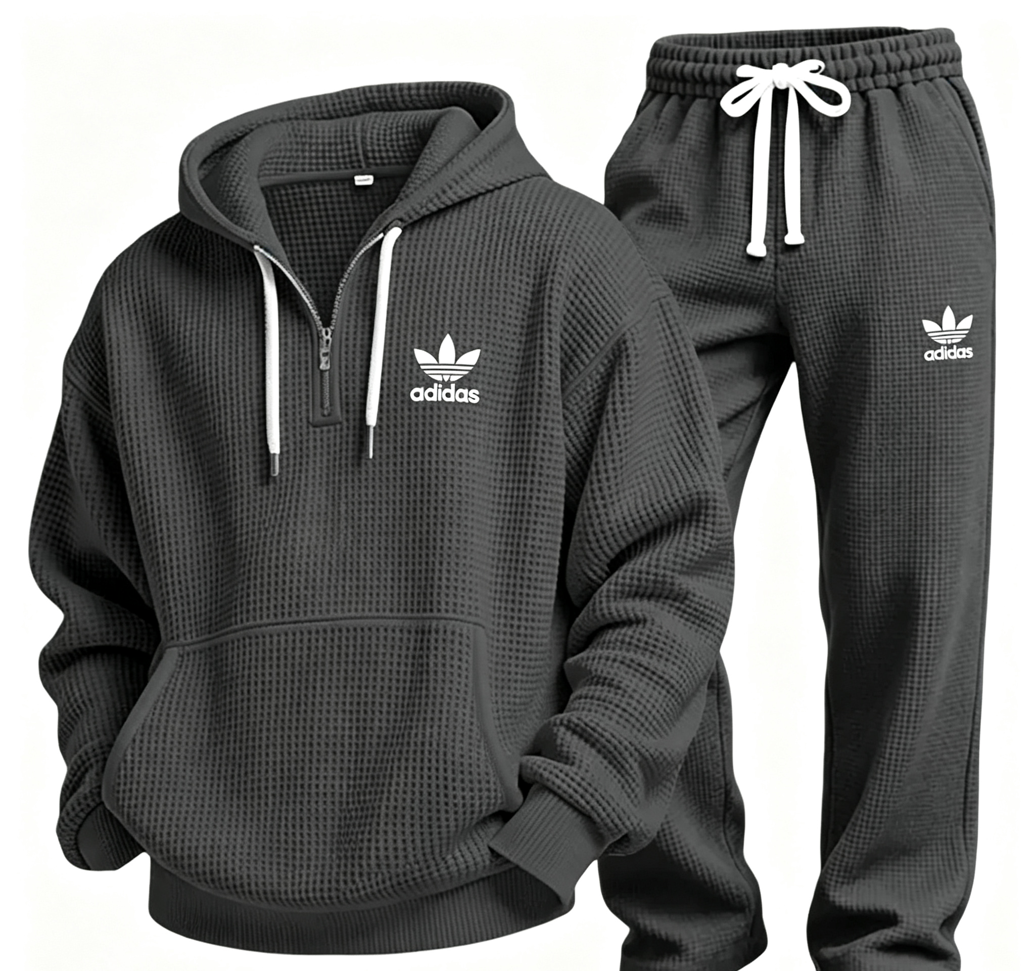 Men’s Waffle Textured Hooded Sweatshirt & Wide‑Leg Pants Set